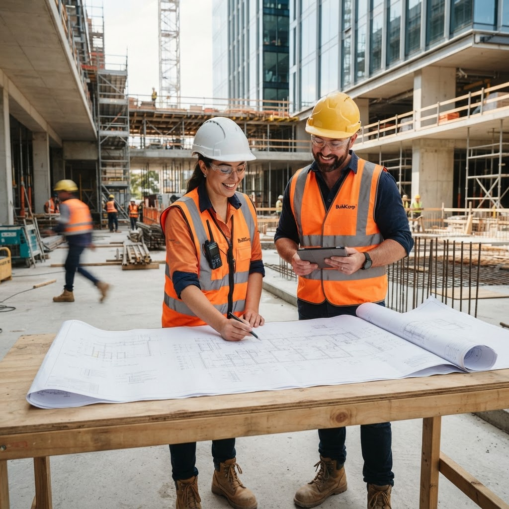 NPKB construction professionals reviewing building plans on site