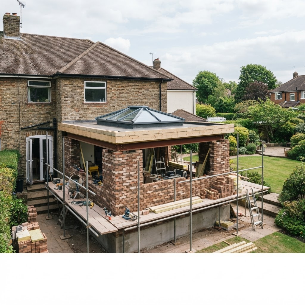Single-storey rear extension being built onto an English home