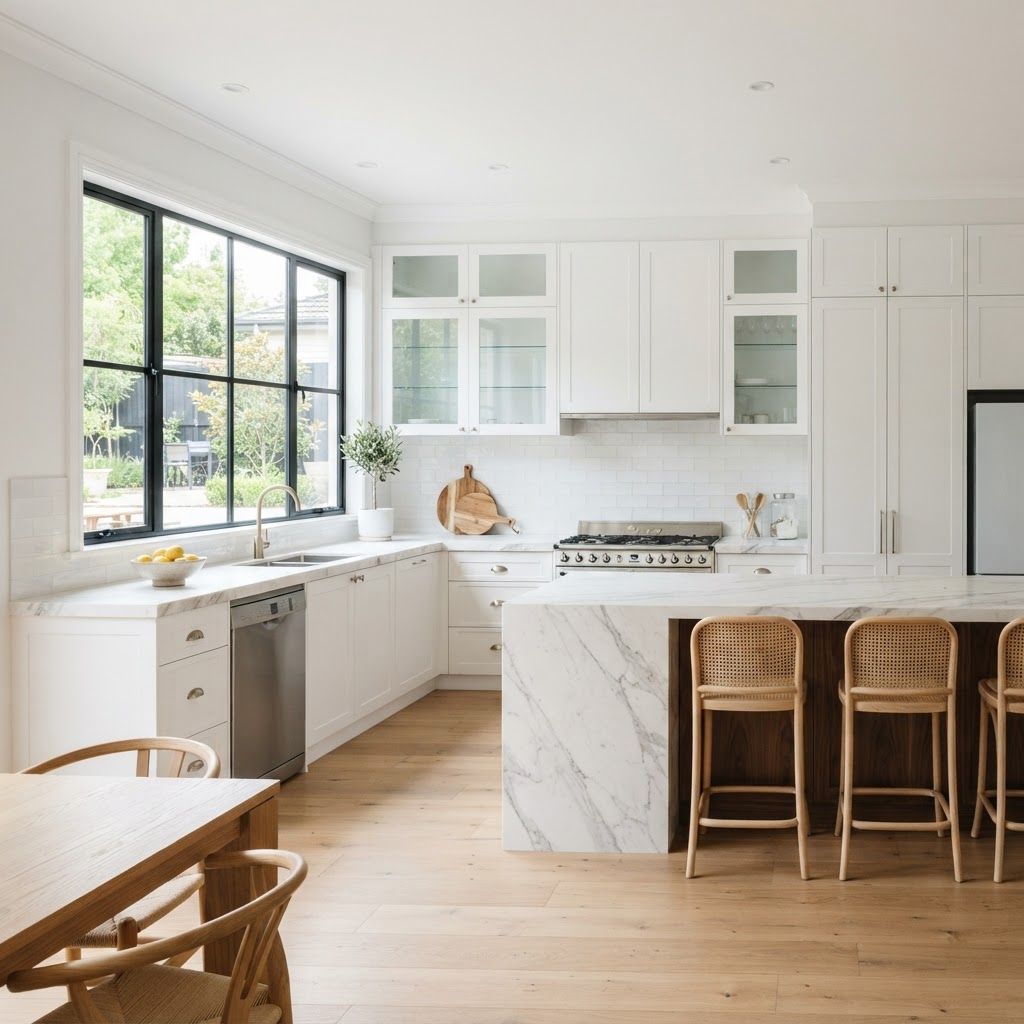 Newly fitted modern kitchen with white cabinets and marble worktop