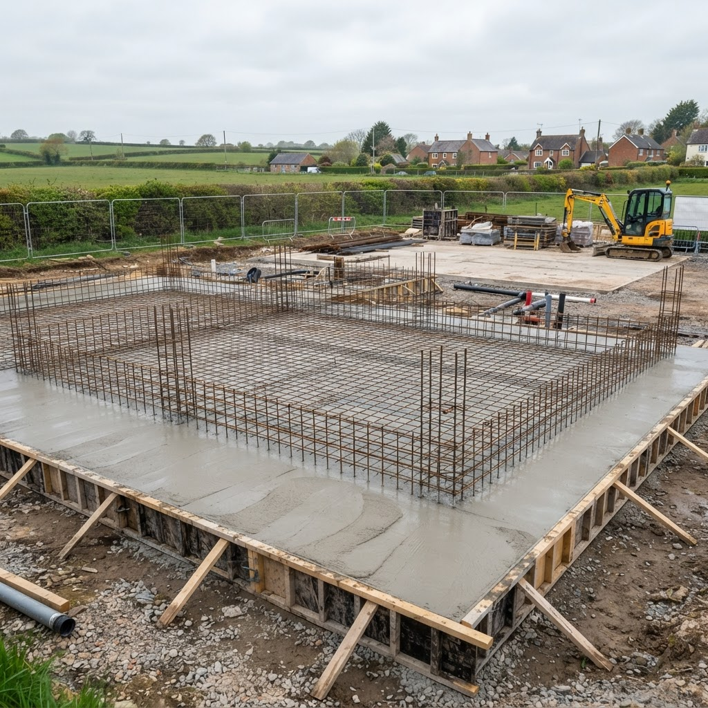 Concrete foundation slab with rebar on a construction site