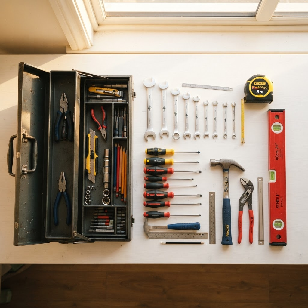 Neatly organised tradesperson tools laid out on a surface