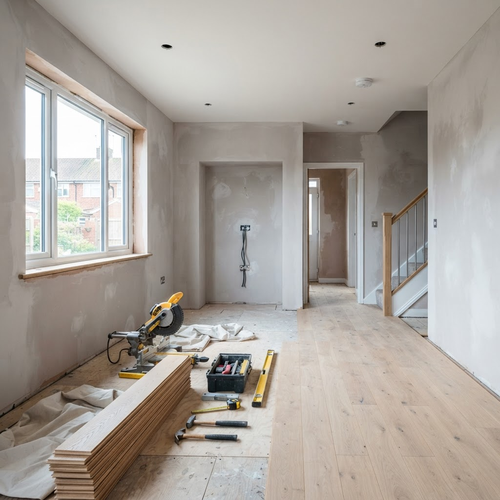 Interior renovation in progress with fresh plaster and new flooring